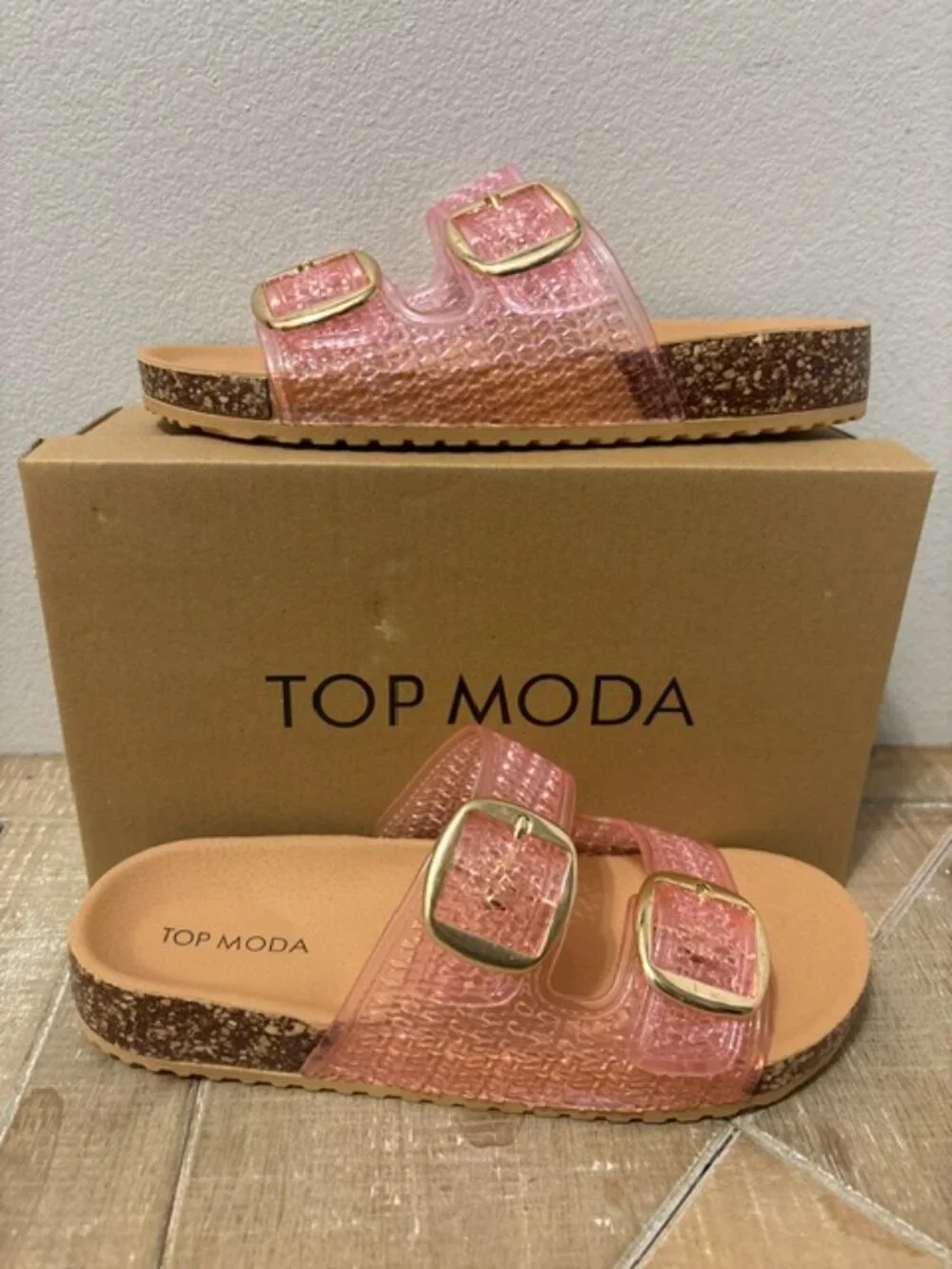NEW Top Moda Seattle Clear Double Strap Slide Sandals Pink Size 7 - Picture 5 of 6